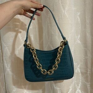 Blue/green leather gold chain shoulder bag